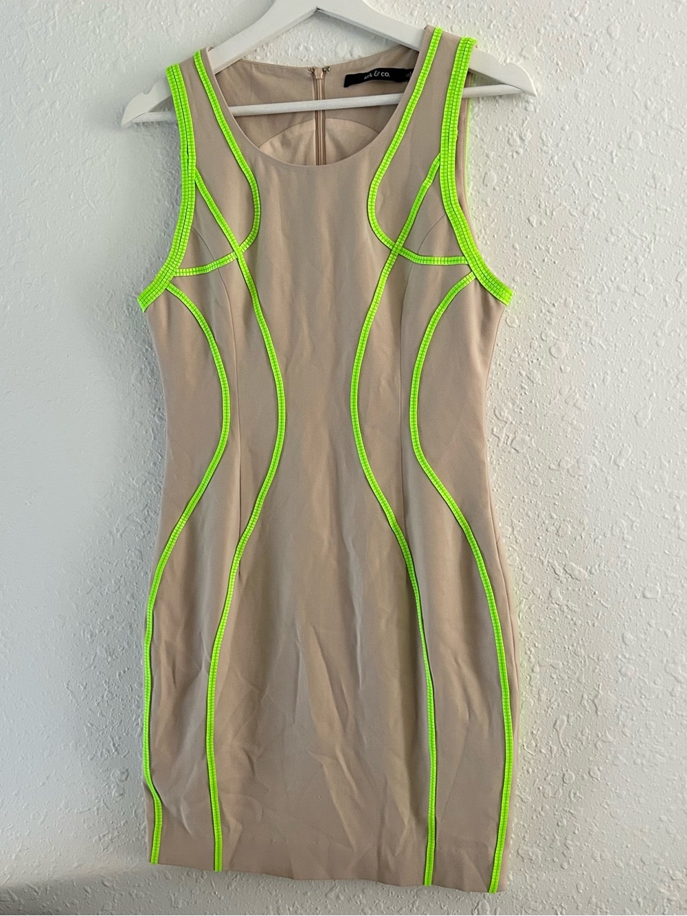 ark & co. Beige Neon Green Trim Bodycon Dress Size S